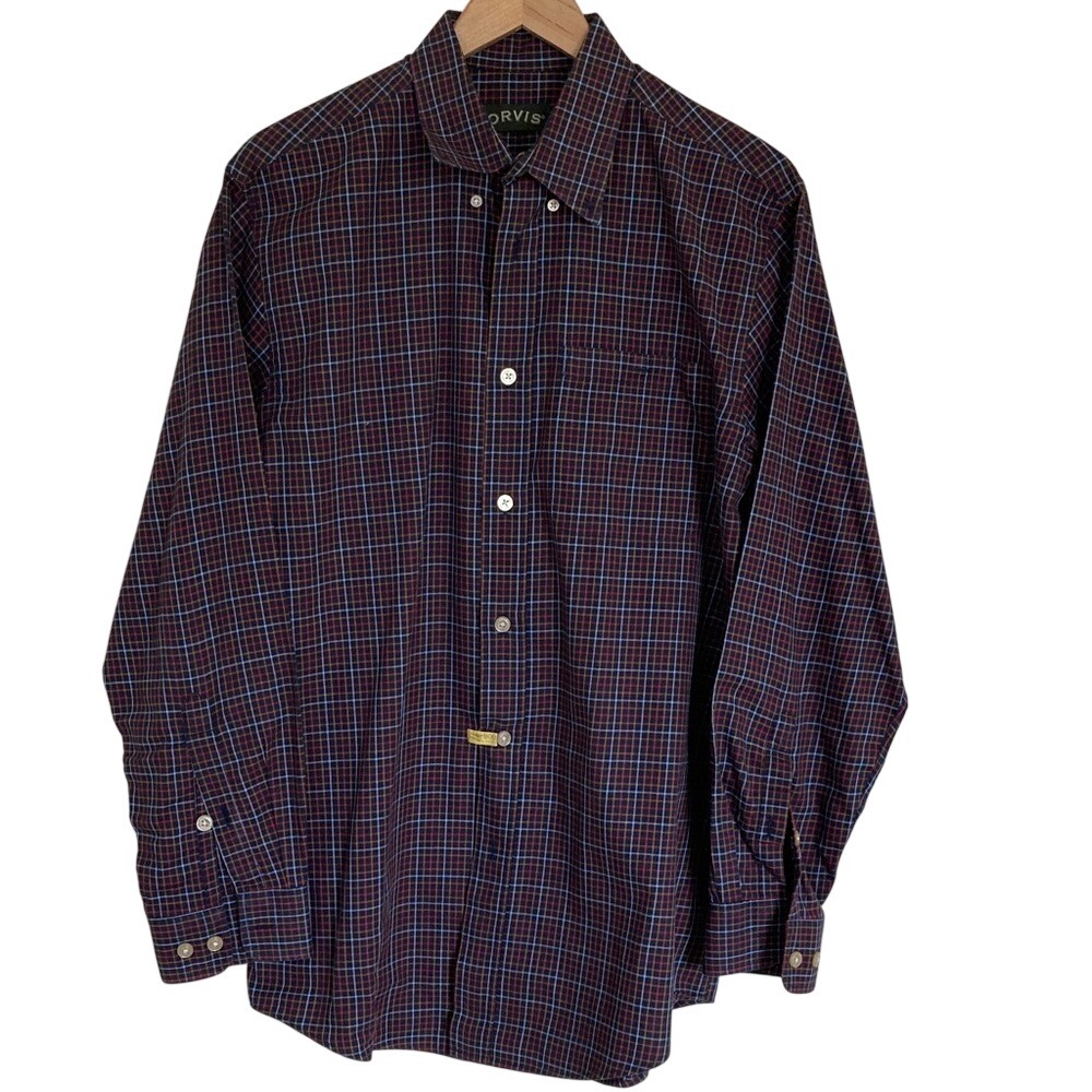 Orvis Men's Red Blue Plaid Button Down Shirt Size Medium Cotton Outdoorsman